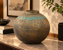 Load image into Gallery viewer, Round Decorative Vase – Aged Brass &amp; Turquoise