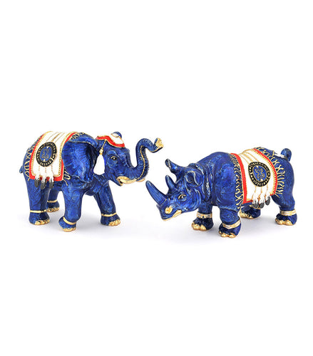 BLUE ELEPHANT & RHINO WITH TALISMAN FEATHERS AND ANTI-ROBBERY AMULET