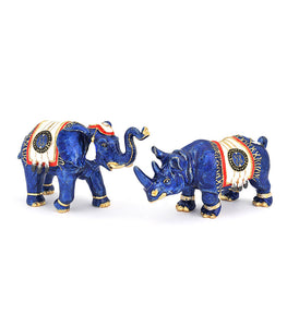 BLUE ELEPHANT & RHINO WITH TALISMAN FEATHERS AND ANTI-ROBBERY AMULET